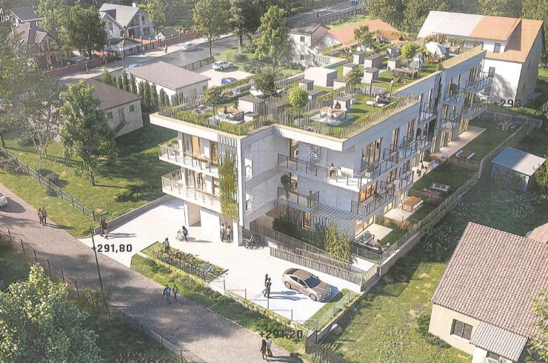 widok z góry na projektowany budynek wielorodzinny z zielonym dachem