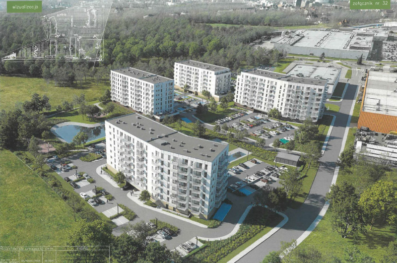 widok  z lotu ptaka na 4, białe bloki mieszkalne z parkingami i drogami oraz oczkiem wodnym
