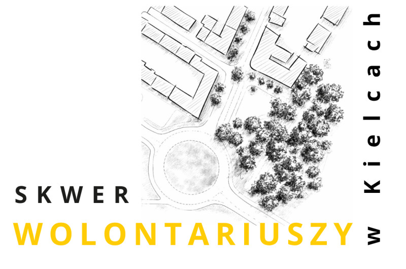 czarno-biała mapa Skweru Wolontariuszy z drzewami i budynkami